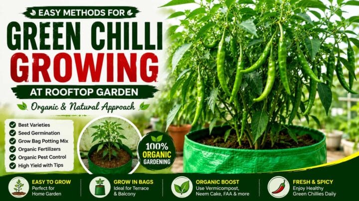 Learn how to grow green chillies in a rooftop or home kitchen garden using organic methods. Discover the best varieties, potting mix, organic fertilizers, natural pest control, and expert growing tips.
